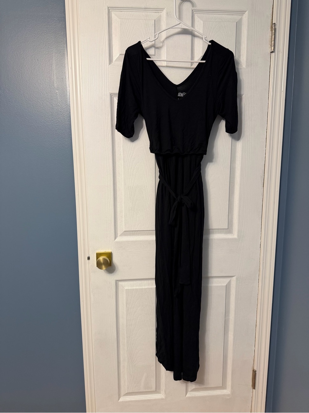 Latched Mama black maxi dress with tie at waist.  This dress is designed for bre